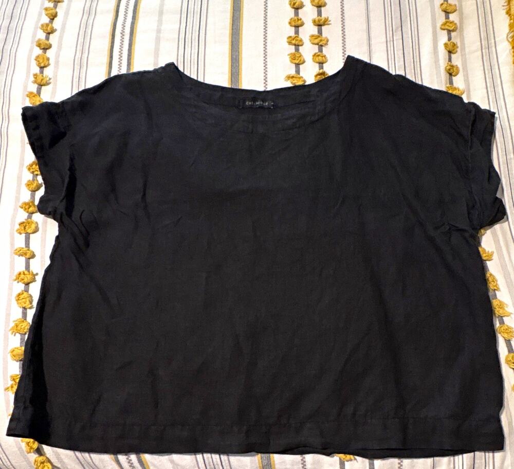 cut.loose Women’s Black Linen Woven Pullover Blouse Round Neck Short Sleeve L